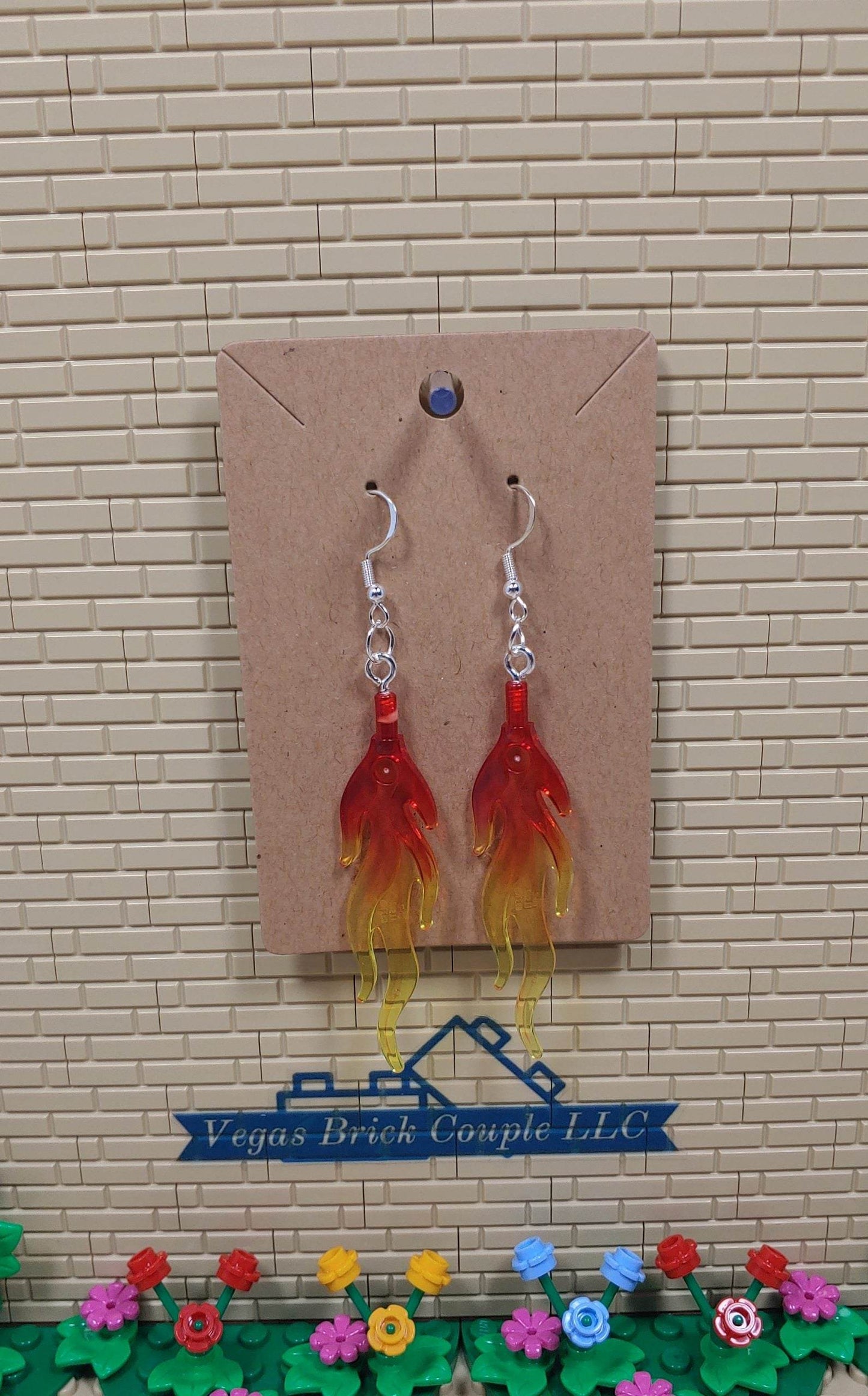 Lego® Red and Yellow Large Flame Dangling Silver Plated Hook Earrings - Vegas Custom Creations