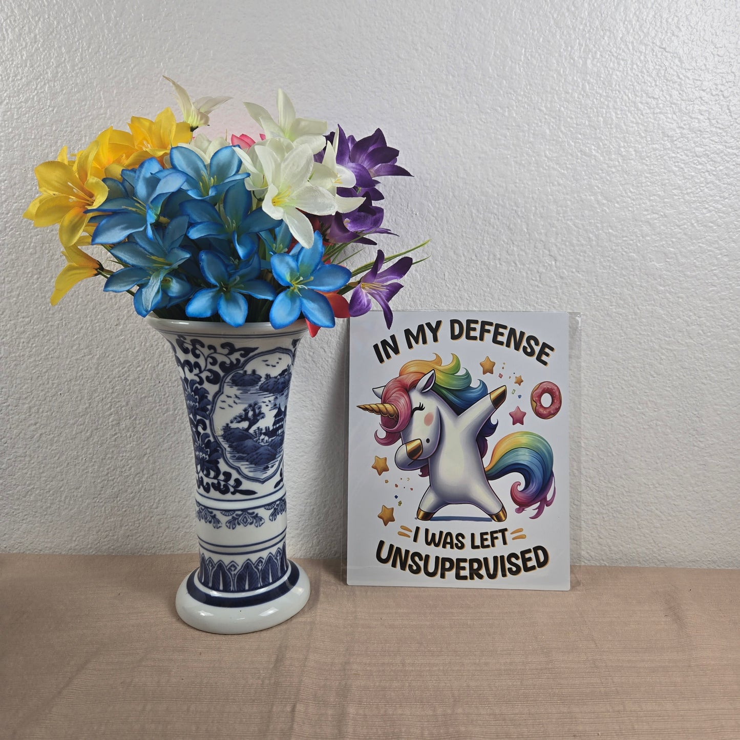 Cute Unicorn "In My Defense, I was left Unsupervised" 8x10 Metal Sign