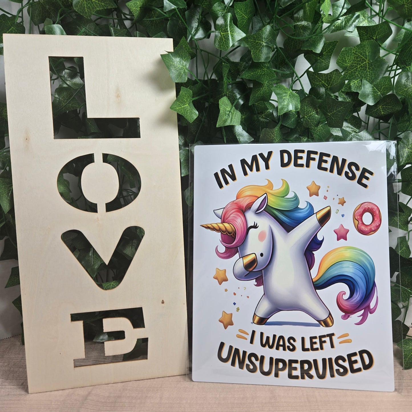 Cute Unicorn "In My Defense, I was left Unsupervised" 8x10 Metal Sign
