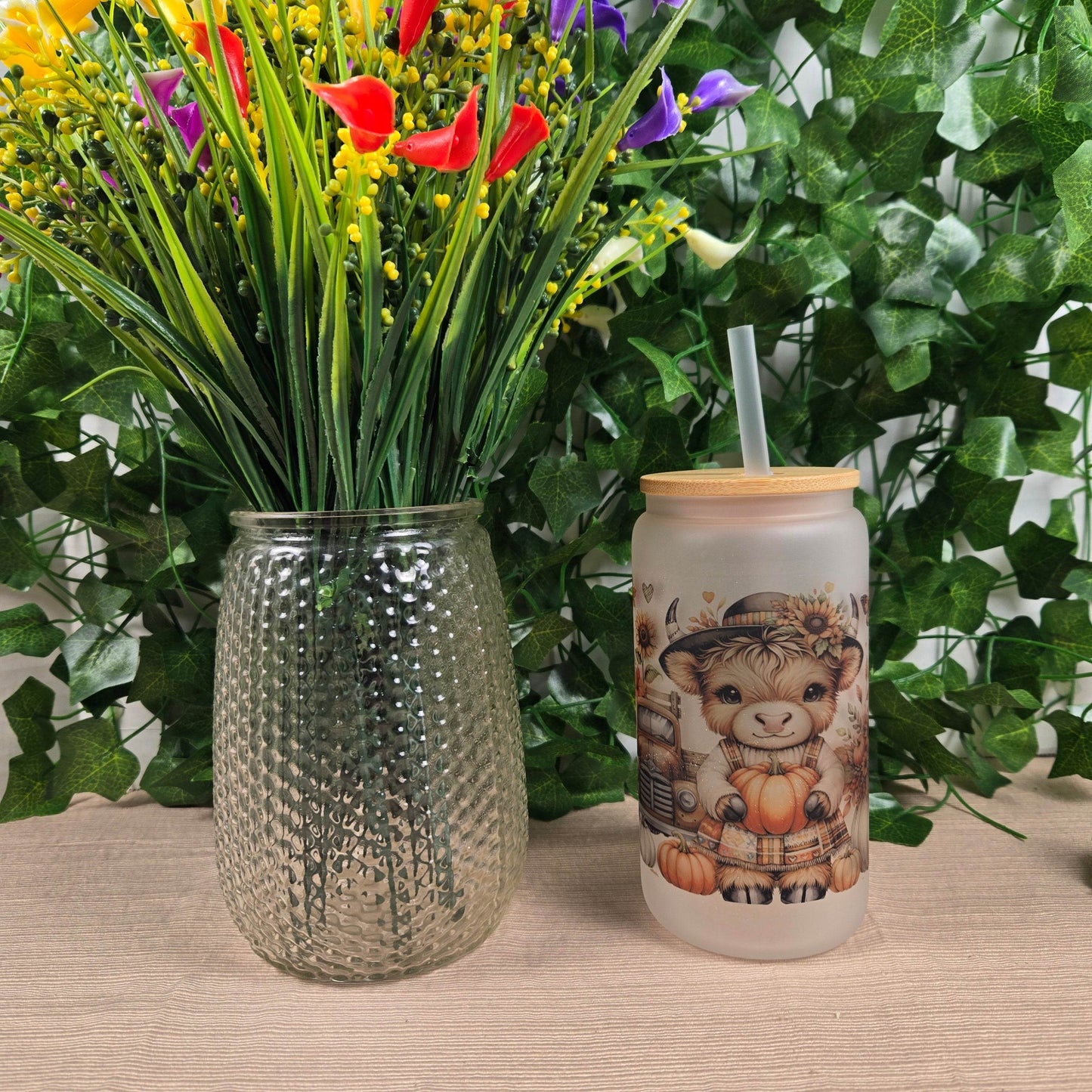 Cute Fall Vibes 16oz Glass Jar Clear or Frosted (Multiple Designs Available) - Vegas Custom Creations