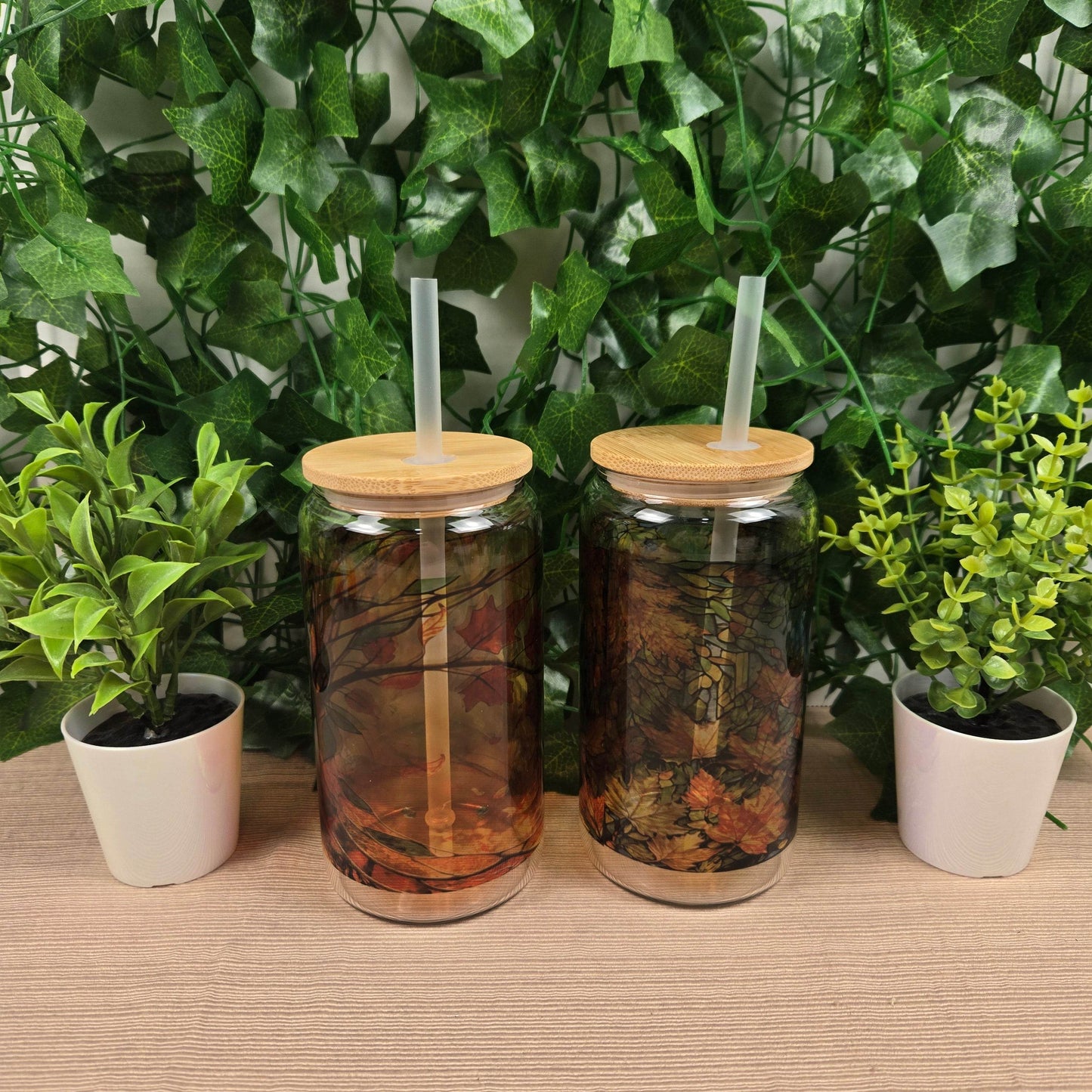 Stained Glass Fall 16oz Glass Jar Clear or Frosted (Multiple Designs Available) - Vegas Custom Creations