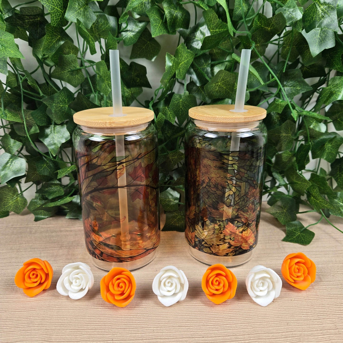 Stained Glass Fall 16oz Glass Jar Clear or Frosted (Multiple Designs Available) - Vegas Custom Creations