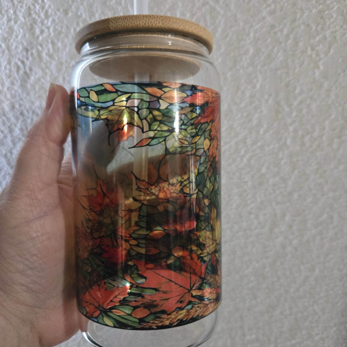 Stained Glass Fall 16oz Glass Jar Clear or Frosted (Multiple Designs Available) - Vegas Custom Creations