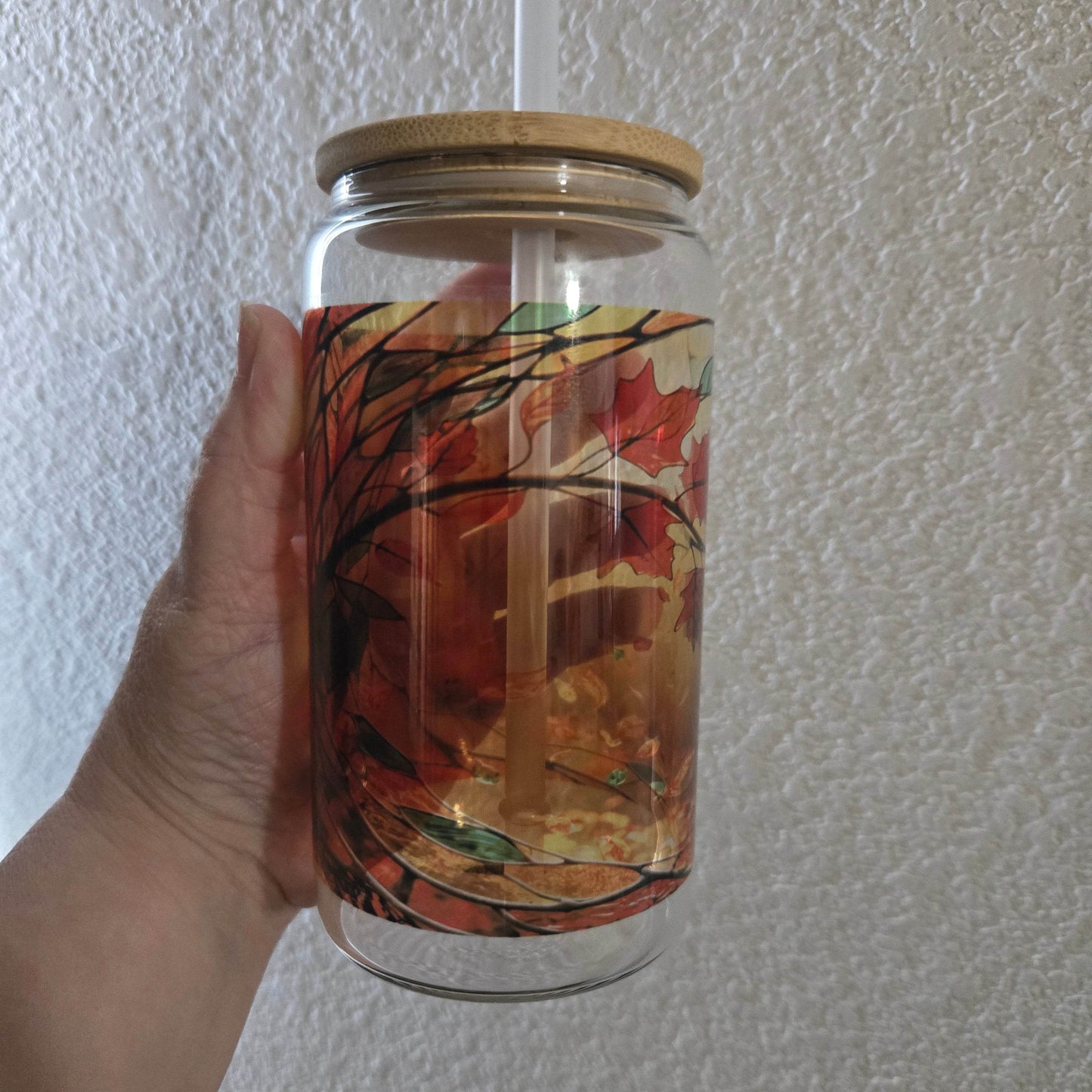 Stained Glass Fall 16oz Glass Jar Clear or Frosted (Multiple Designs Available) - Vegas Custom Creations