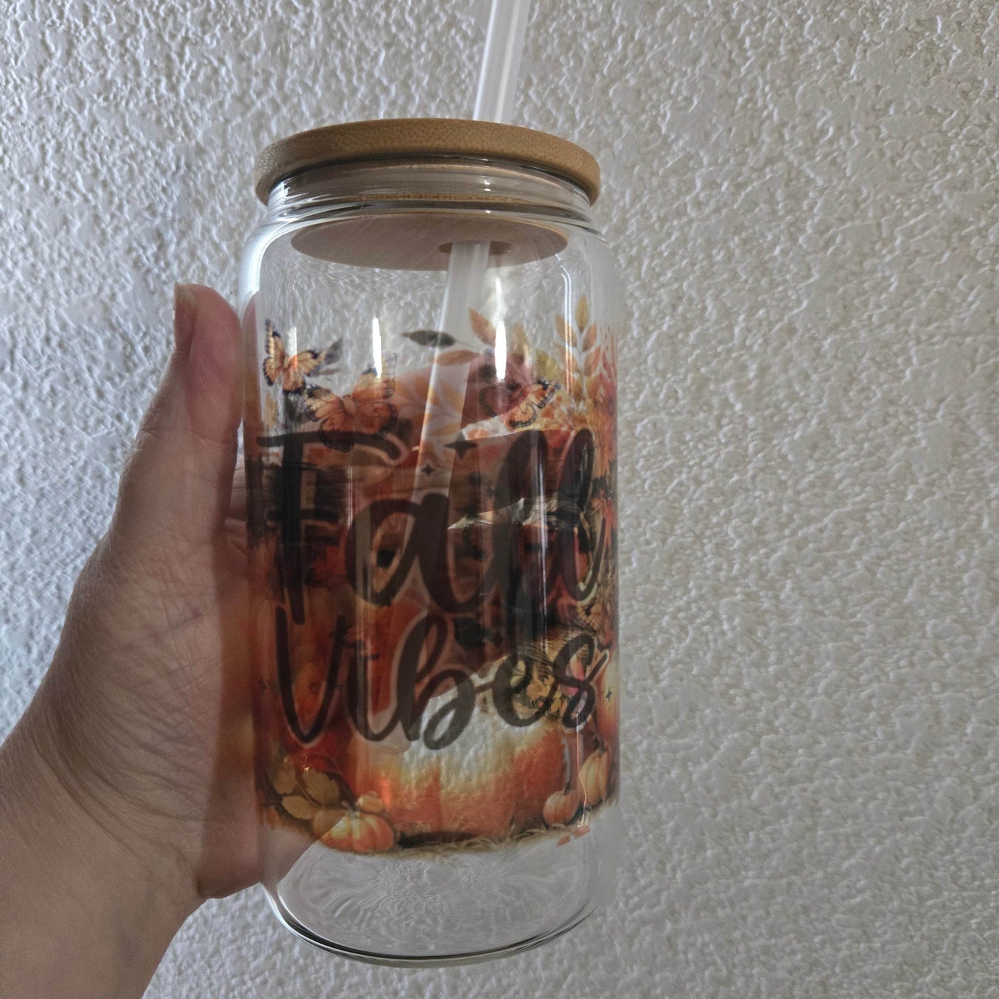 Cute Fall Vibes 16oz Glass Jar Clear or Frosted (Multiple Designs Available) - Vegas Custom Creations