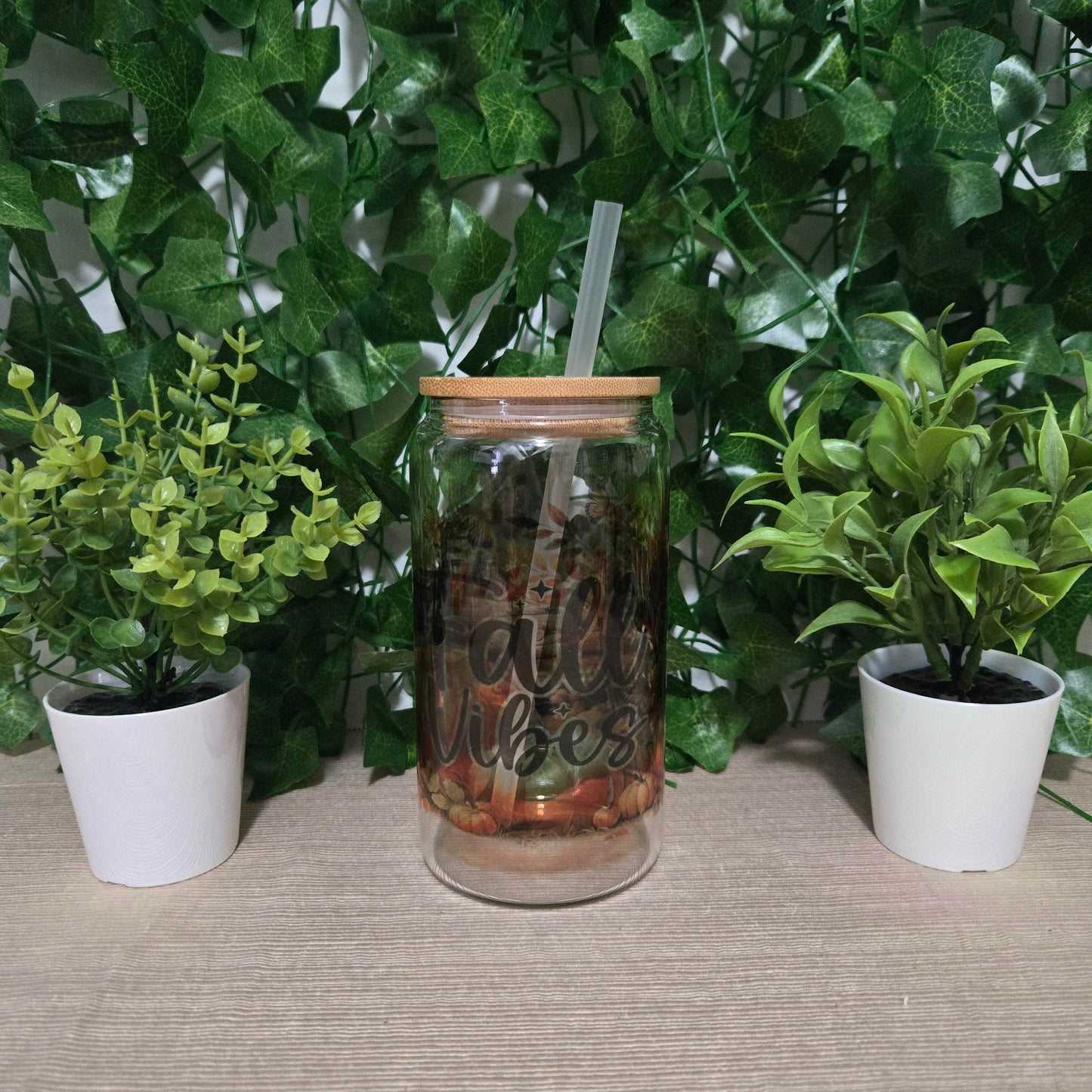 Cute Fall Vibes 16oz Glass Jar Clear or Frosted (Multiple Designs Available) - Vegas Custom Creations