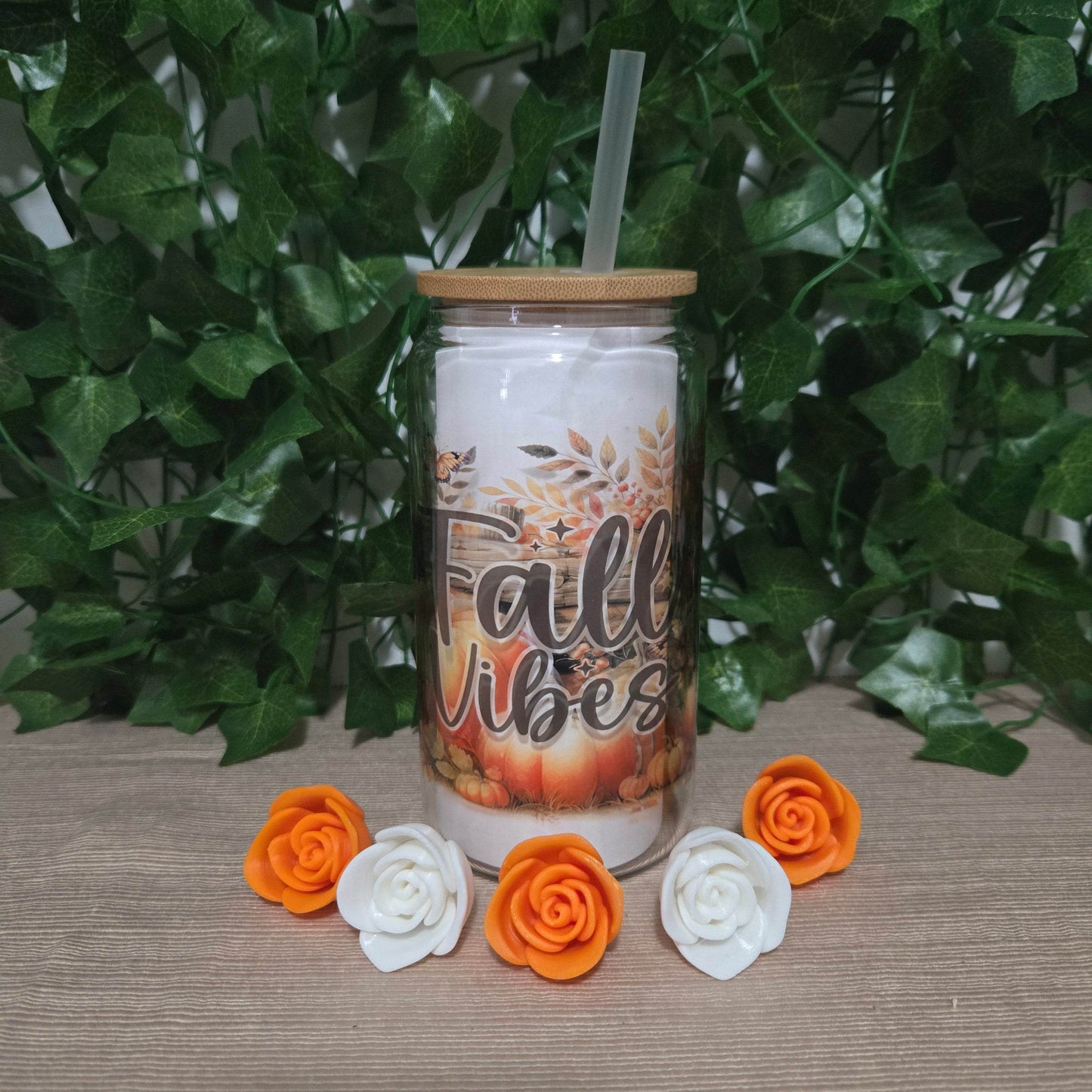 Cute Fall Vibes 16oz Glass Jar Clear or Frosted (Multiple Designs Available) - Vegas Custom Creations