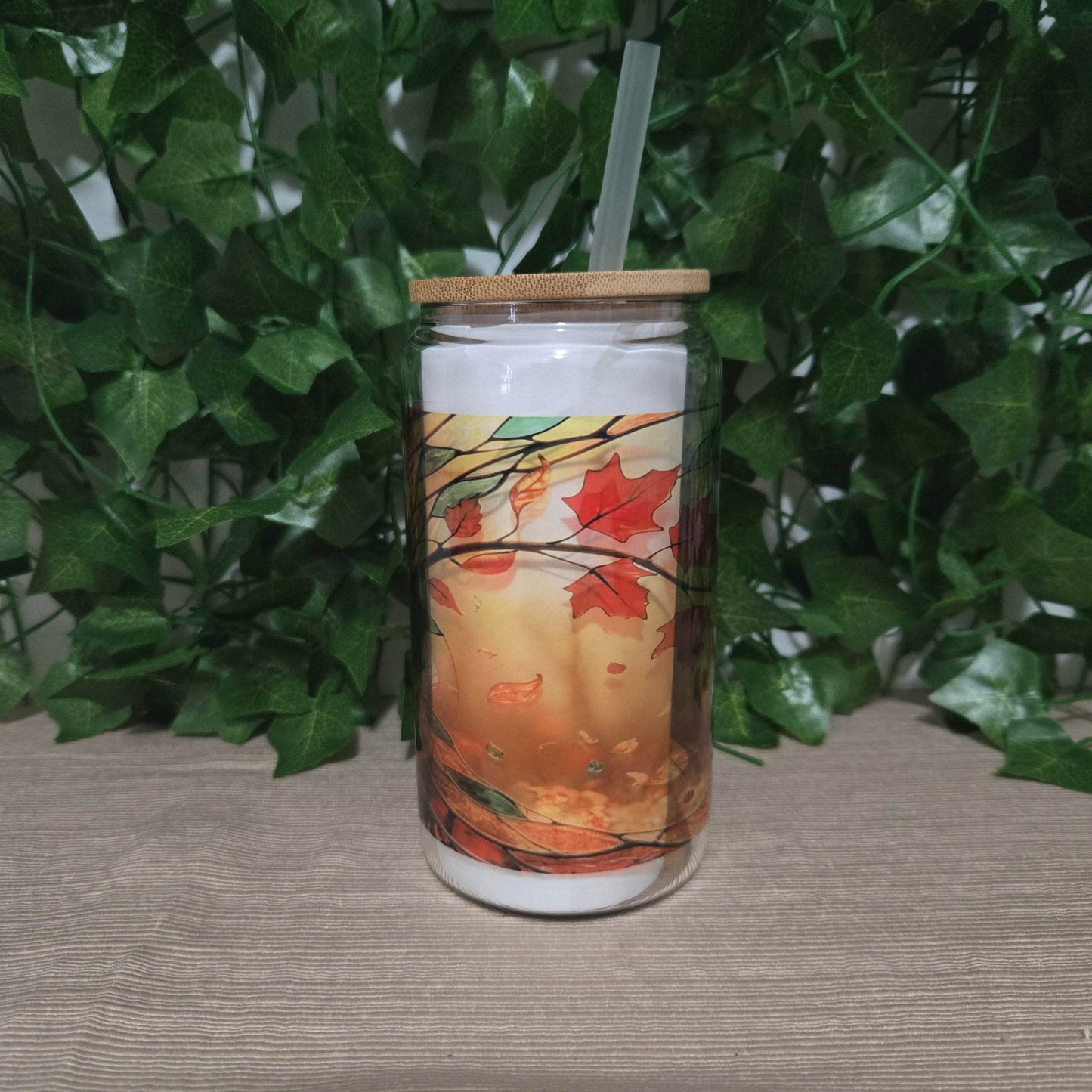 Stained Glass Fall 16oz Glass Jar Clear or Frosted (Multiple Designs Available) - Vegas Custom Creations