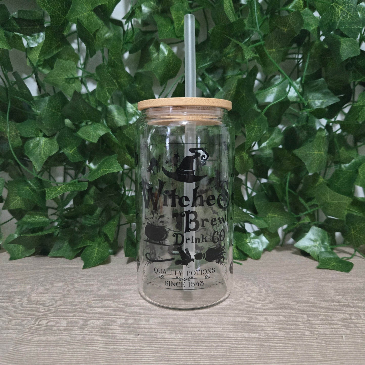 Witches Brew Drink Co. Halloween 16oz Glass Jar Clear or Frosted - Vegas Custom Creations