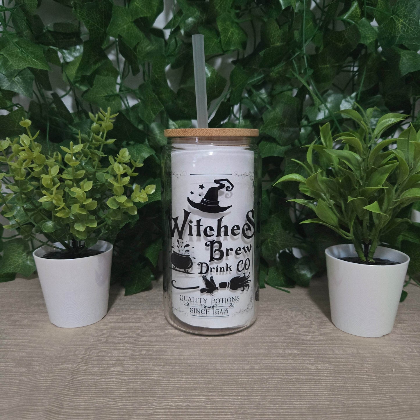 Witches Brew Drink Co. Halloween 16oz Glass Jar Clear or Frosted - Vegas Custom Creations