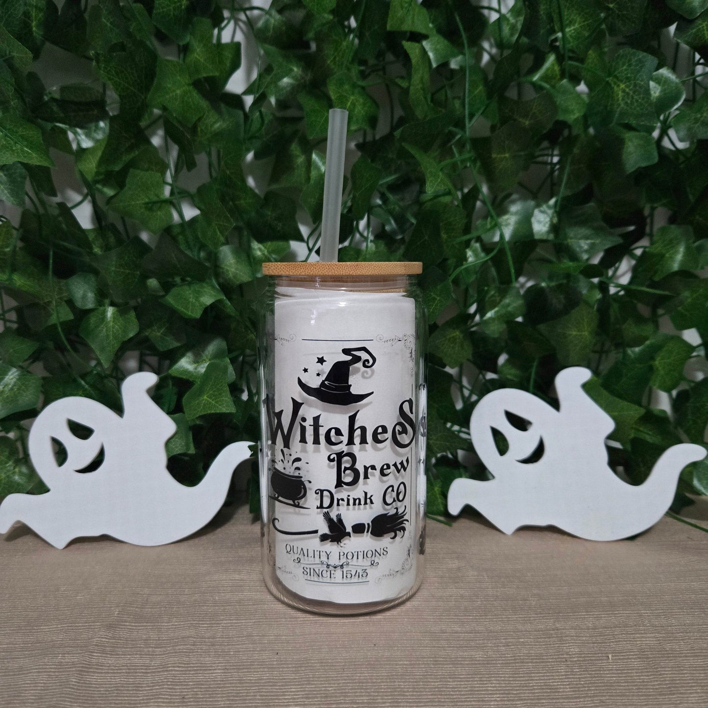 Witches Brew Drink Co. Halloween 16oz Glass Jar Clear or Frosted - Vegas Custom Creations