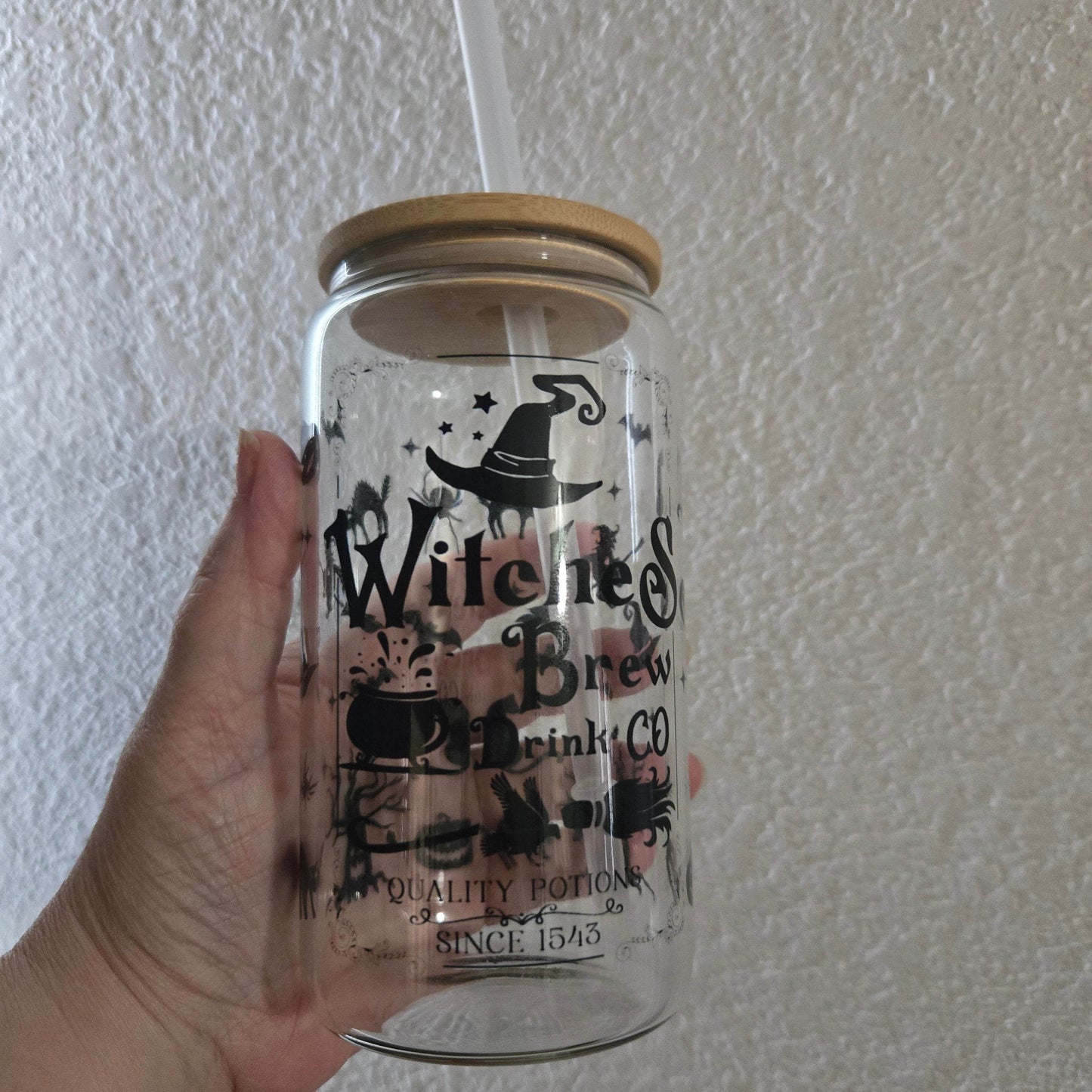 Witches Brew Drink Co. Halloween 16oz Glass Jar Clear or Frosted - Vegas Custom Creations
