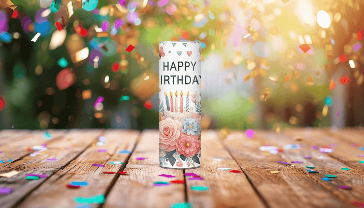 Happy Birthday with Cake and Flowers Tumbler - Vegas Custom Creations