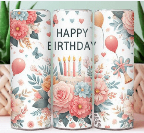 Happy Birthday with Cake and Flowers Tumbler - Vegas Custom Creations