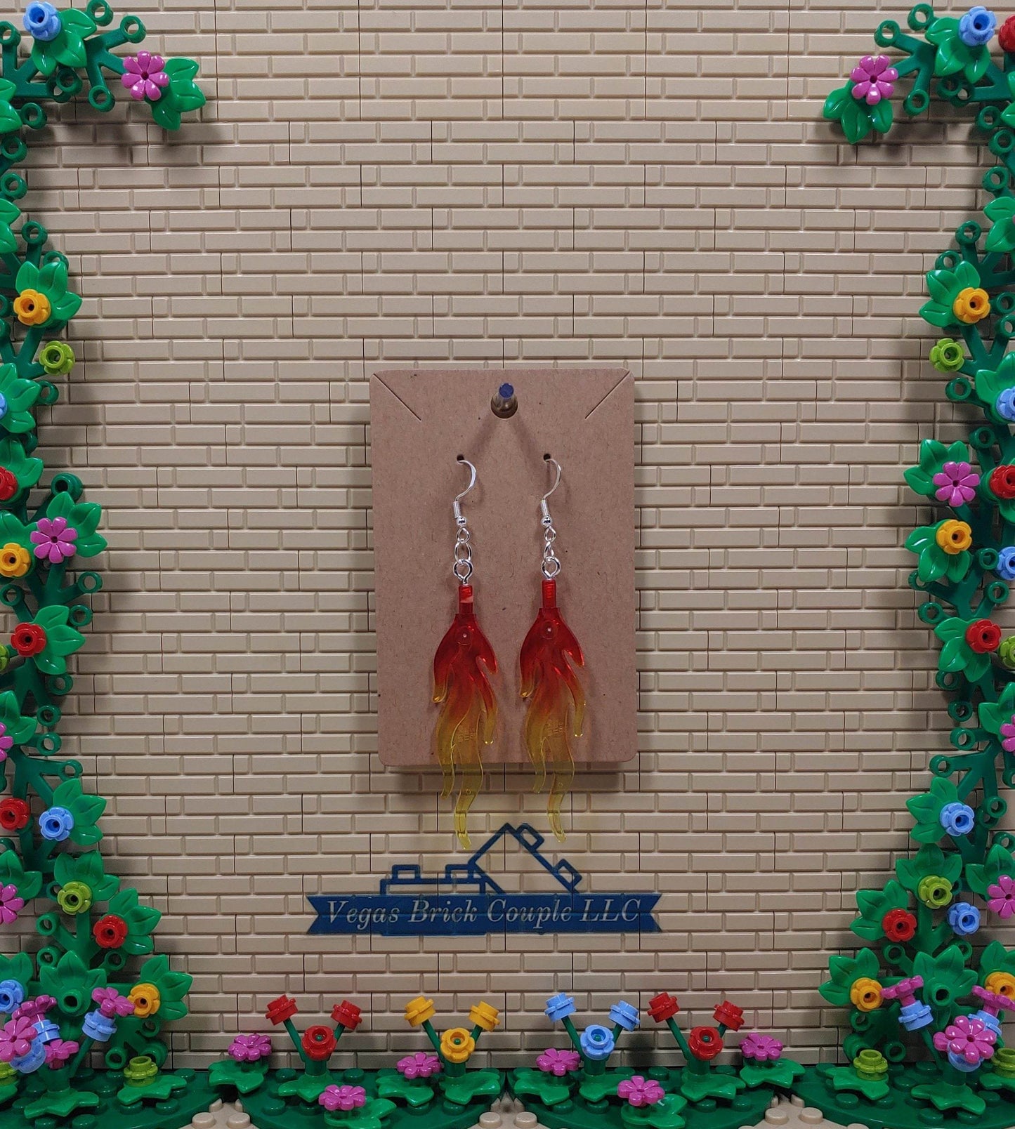 Lego® Red and Yellow Large Flame Dangling Silver Plated Hook Earrings - Vegas Custom Creations