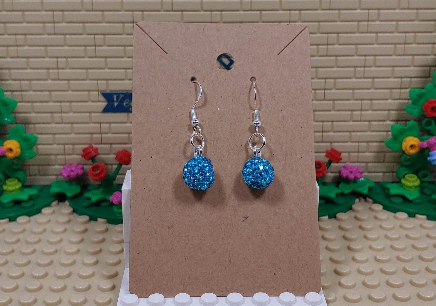 Beautiful Light Blue Glitter Ball Dangling Silver Plated Hook Earrings - Vegas Custom Creations