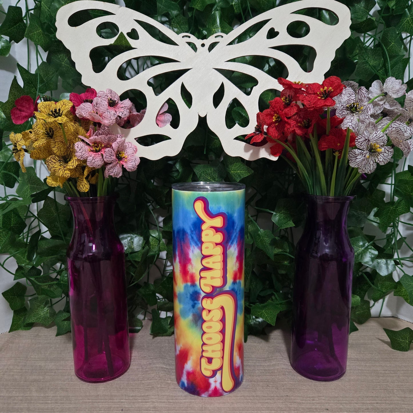 Rainbow Groovy Tye Dye "Choose Happy" Tumbler