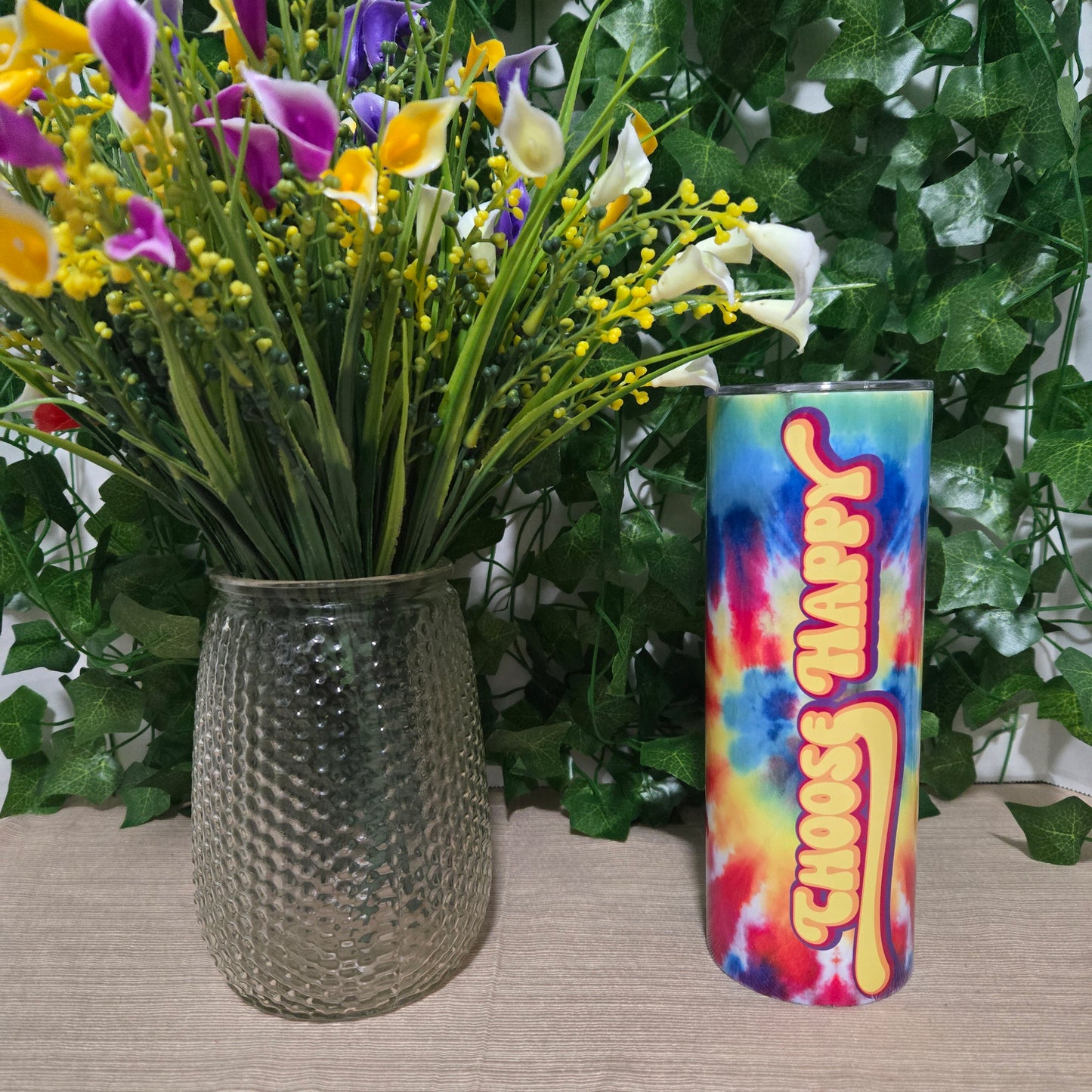Rainbow Groovy Tye Dye "Choose Happy" Tumbler
