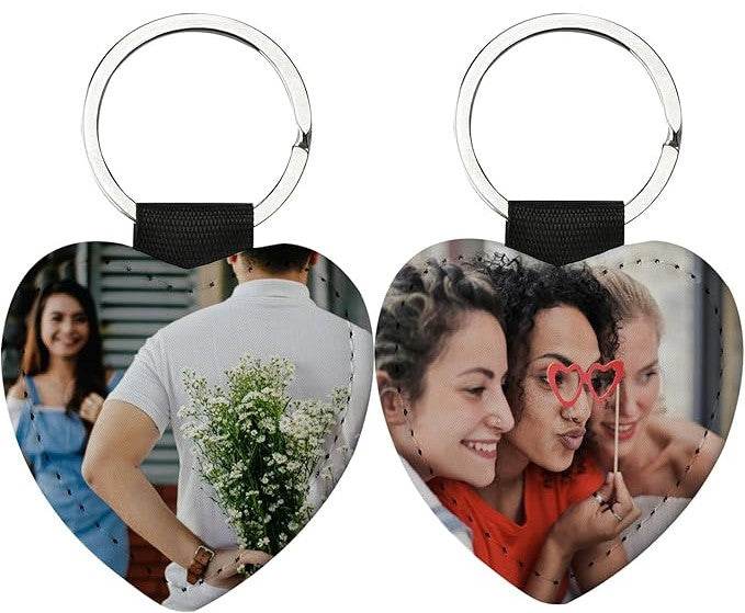 Personalized Photo and Text Double Sided Faux Leather Heart Key Chain - Vegas Custom Creations