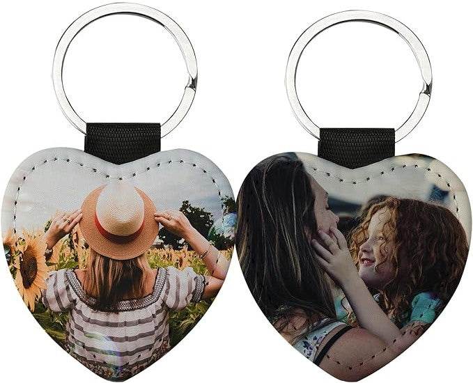 Personalized Photo and Text Double Sided Faux Leather Heart Key Chain - Vegas Custom Creations