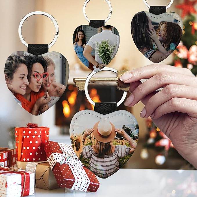 Personalized Photo and Text Double Sided Faux Leather Heart Key Chain - Vegas Custom Creations