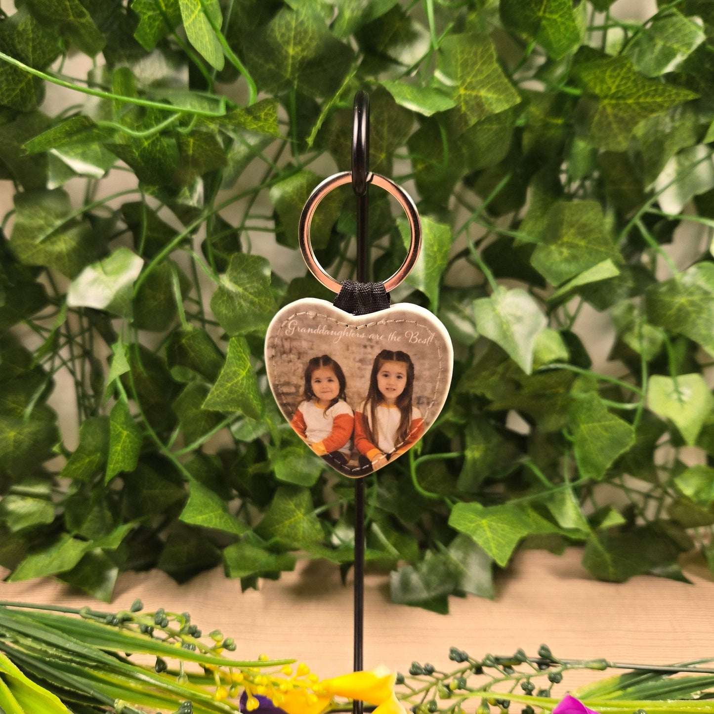 Personalized Photo and Text Double Sided Faux Leather Heart Key Chain - Vegas Custom Creations
