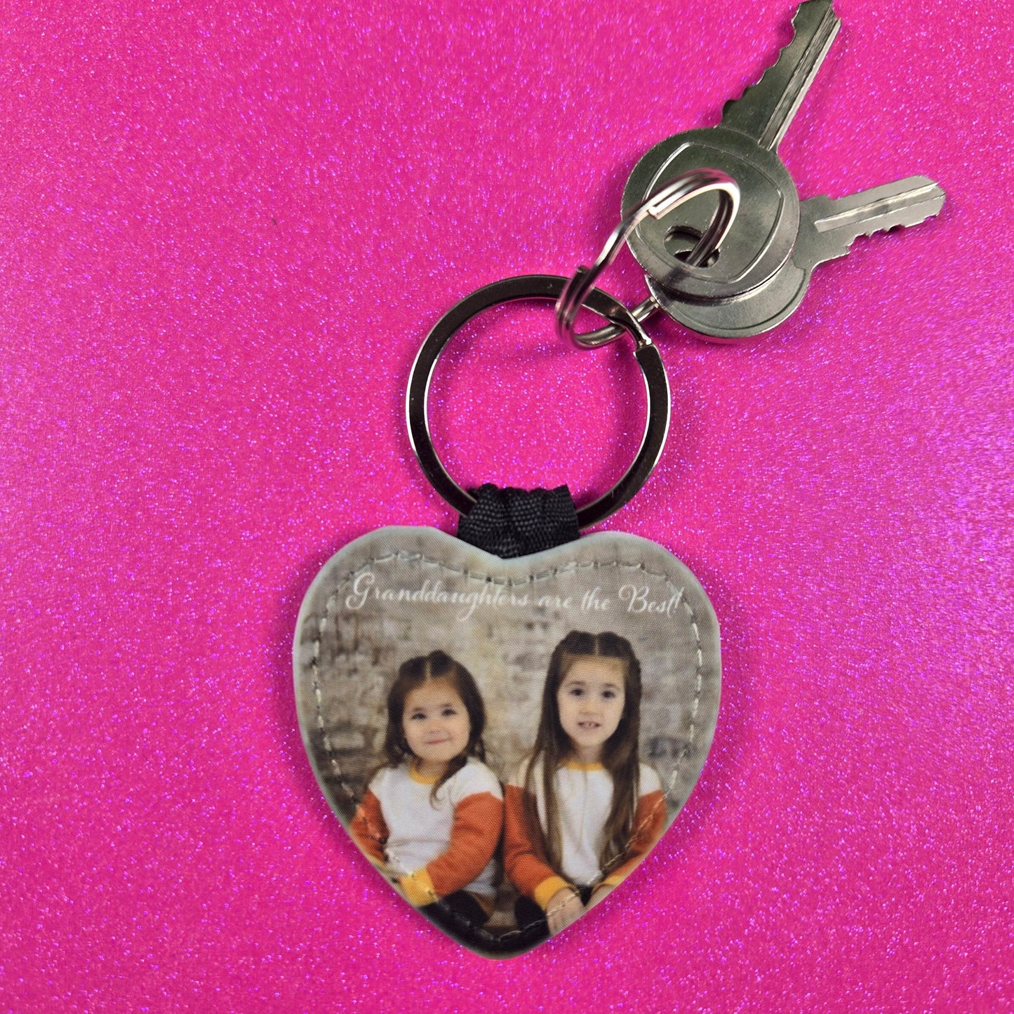 Personalized Photo and Text Double Sided Faux Leather Heart Key Chain - Vegas Custom Creations