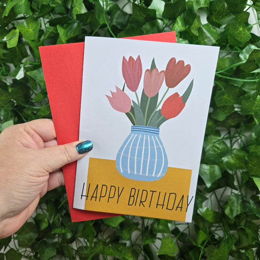 Tulips in Vase Happy Birthday Mom Card
