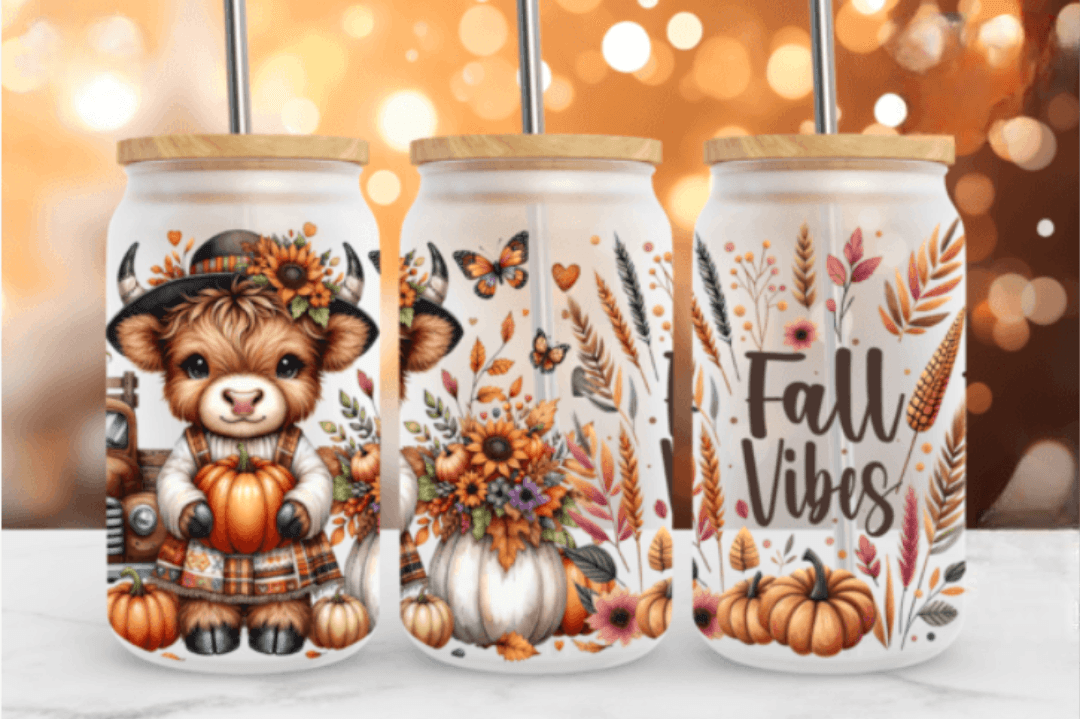 Cute Fall Vibes 16oz Glass Jar Clear or Frosted (Multiple Designs Available) - Vegas Custom Creations