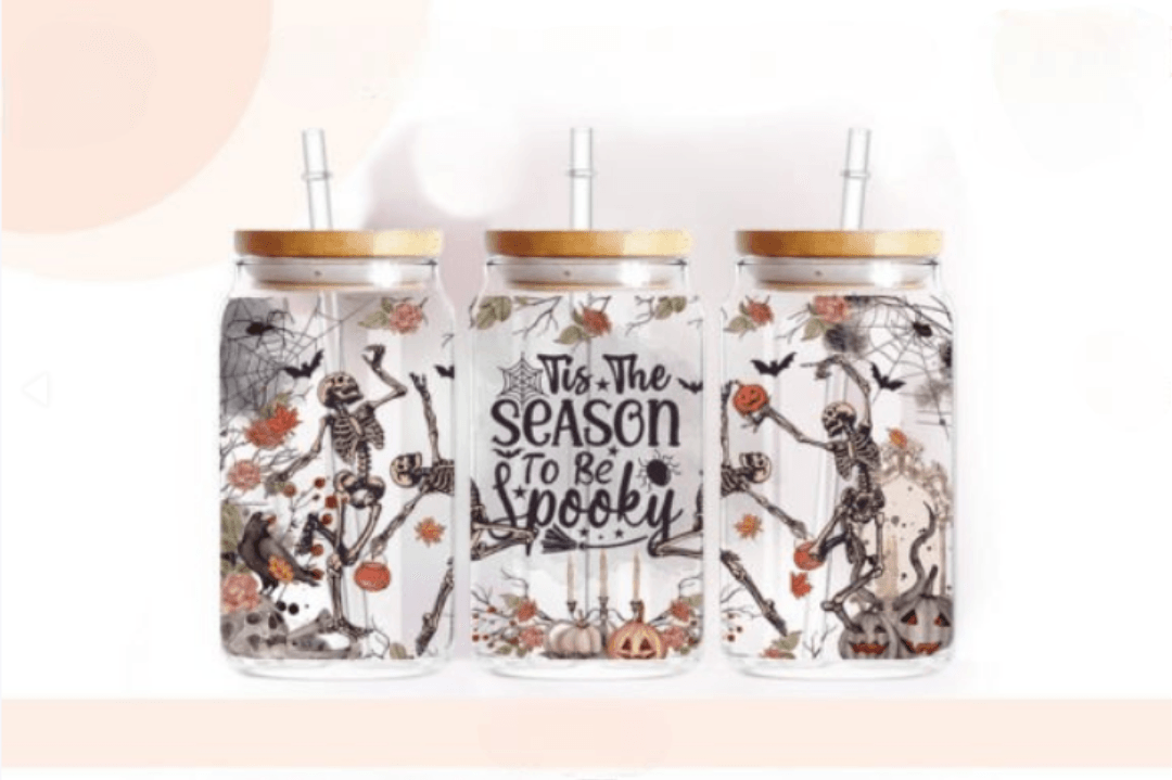 Skeleton Halloween 16oz Glass Jar Clear or Frosted (Multiple Designs Available) - Vegas Custom Creations