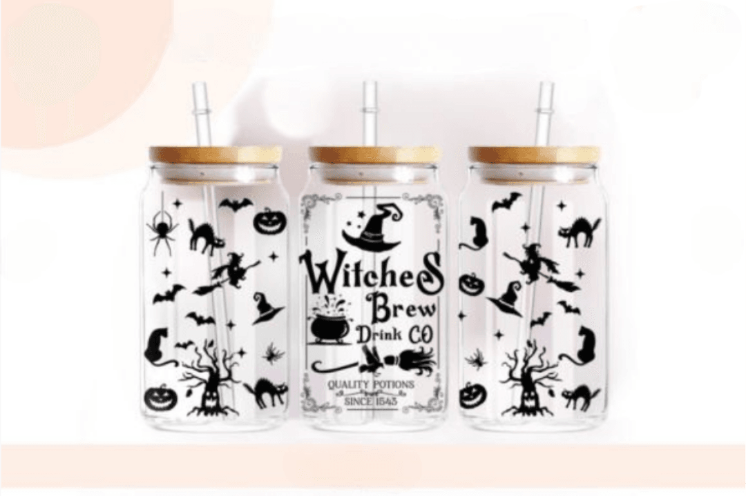 Witches Brew Drink Co. Halloween 16oz Glass Jar Clear or Frosted - Vegas Custom Creations