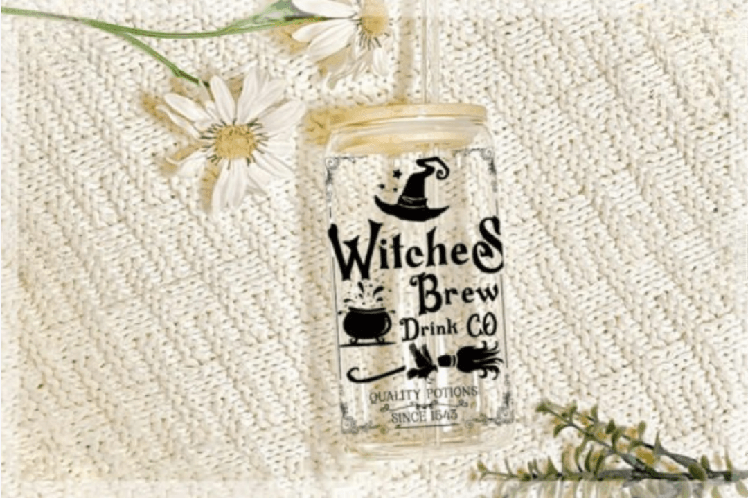 Witches Brew Drink Co. Halloween 16oz Glass Jar Clear or Frosted - Vegas Custom Creations