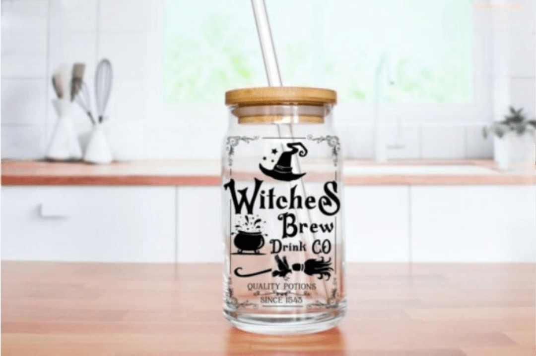 Witches Brew Drink Co. Halloween 16oz Glass Jar Clear or Frosted - Vegas Custom Creations