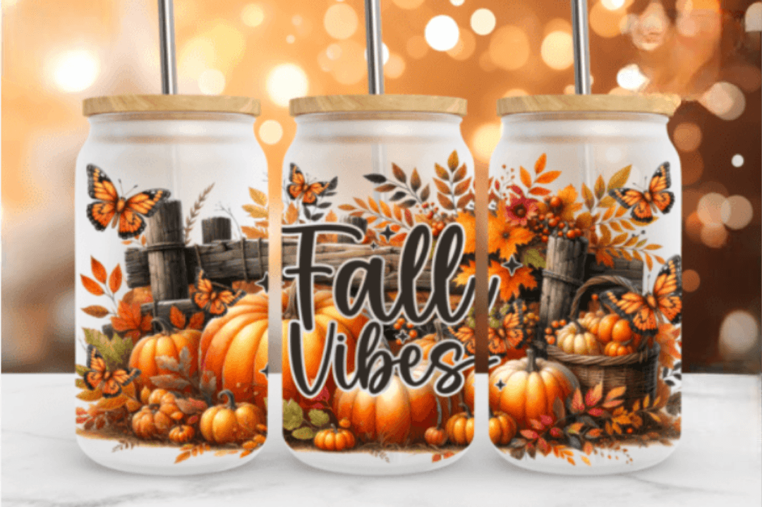 Cute Fall Vibes 16oz Glass Jar Clear or Frosted (Multiple Designs Available) - Vegas Custom Creations