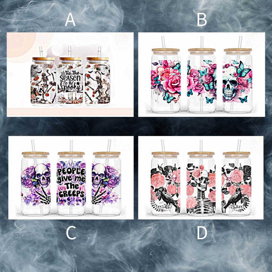 Skeleton Halloween 16oz Glass Jar Clear or Frosted (Multiple Designs Available) - Vegas Custom Creations