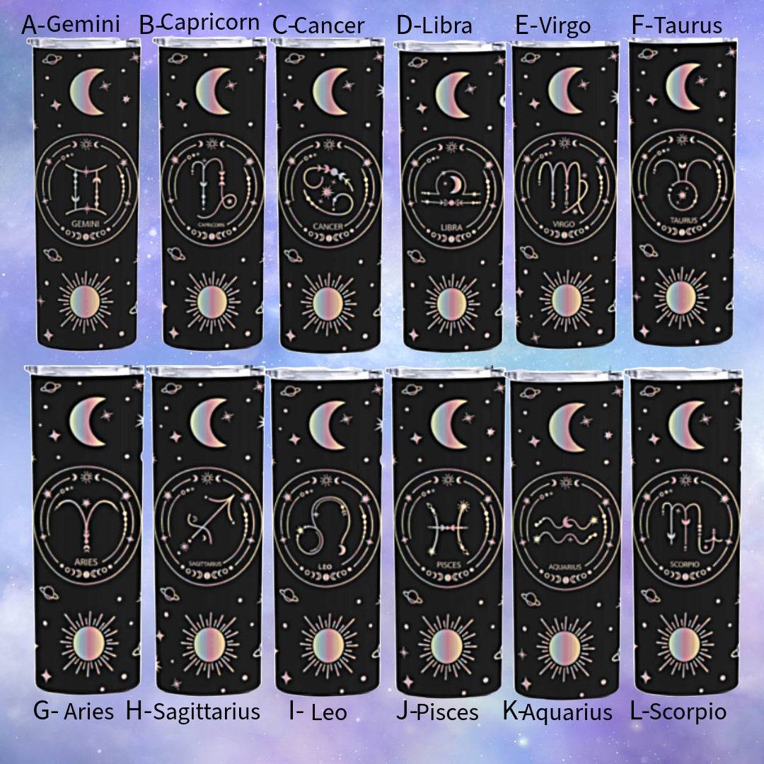 Zodiac Stars, Sun and Moon 20oz Skinny Tumbler (Multiple Designs Available) - Vegas Custom Creations