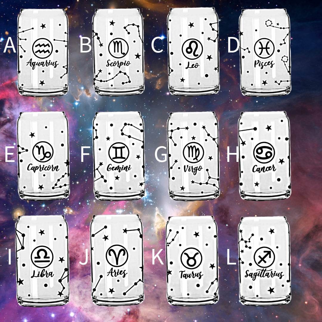 Zodiac Constellation 16oz Glass Jar Clear or Frosted (Multiple Designs Available) - Vegas Custom Creations