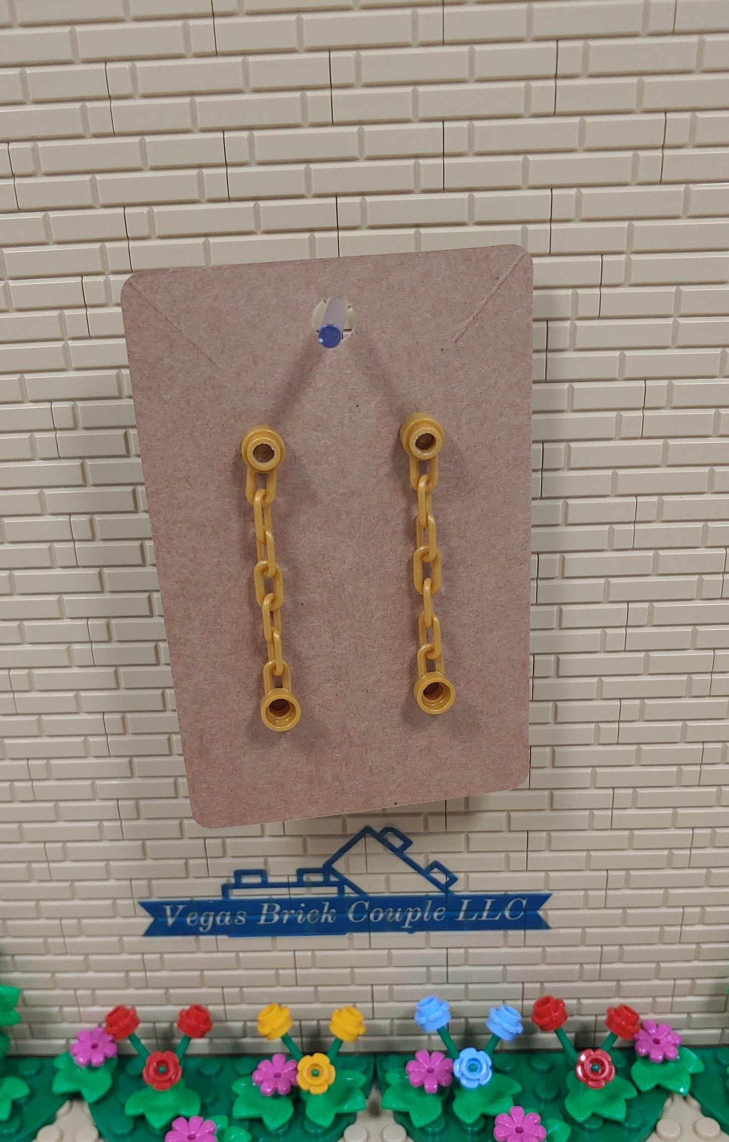 Lego® Pearl Gold Chains Dangling Stud Earrings - Vegas Custom Creations