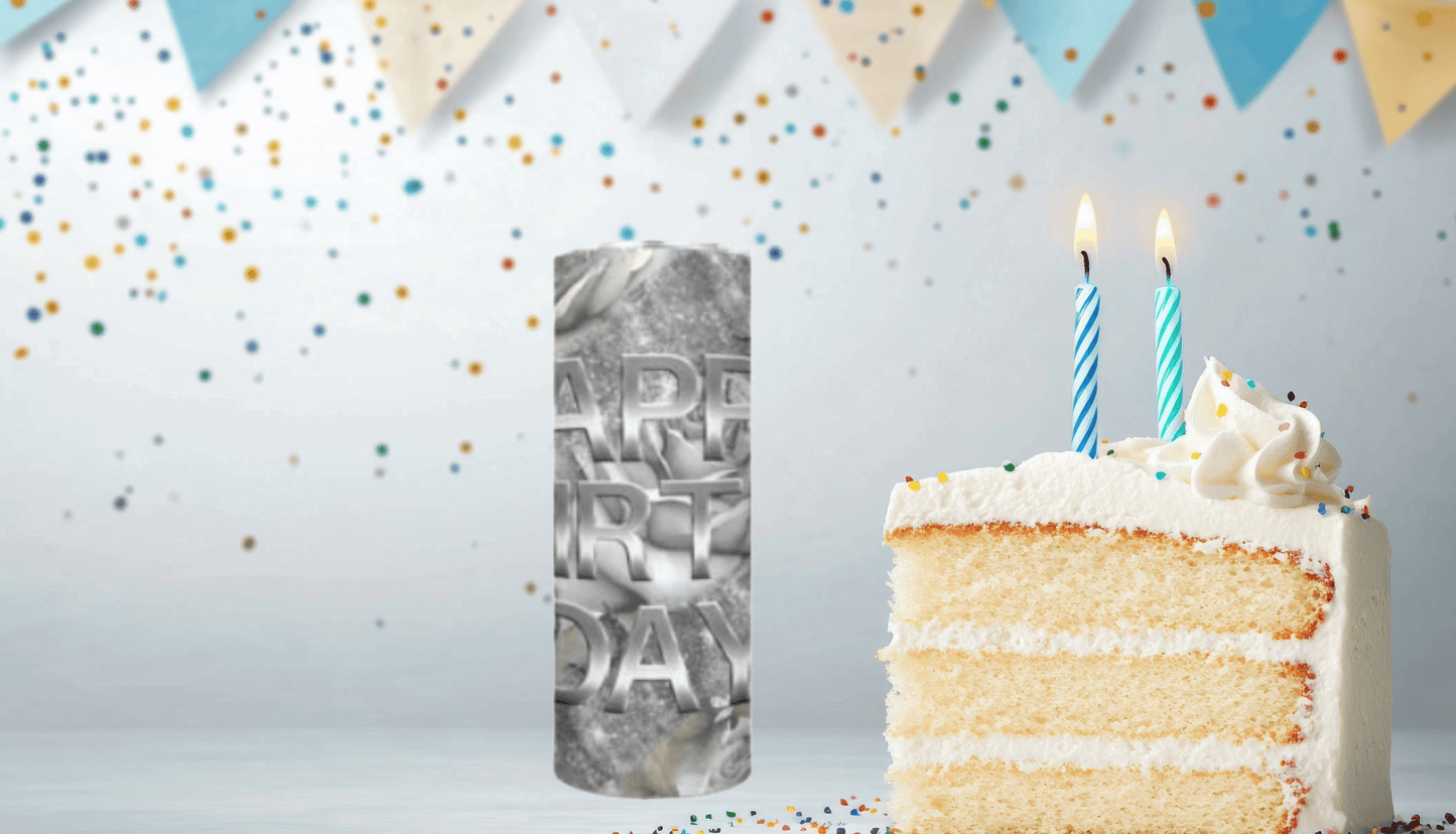 Silver Happy Birthday with Flowers Tumbler - Vegas Custom Creations