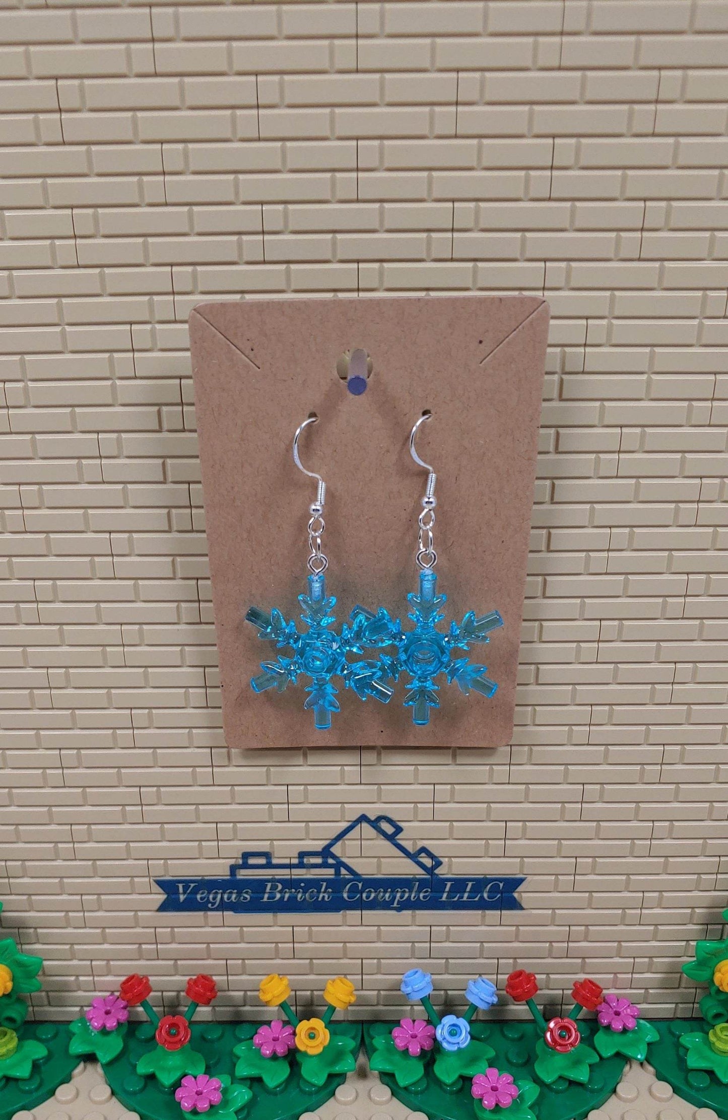 Lego® Transparent Blue Snowflake Dangling Silver Plated Hook Earrings - Vegas Custom Creations