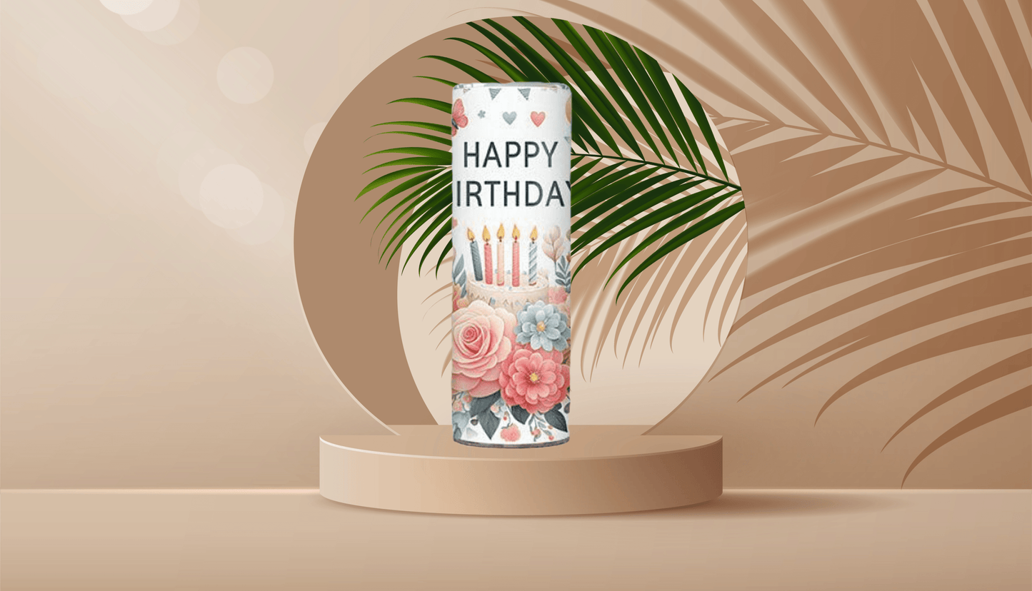 Happy Birthday with Cake and Flowers Tumbler - Vegas Custom Creations