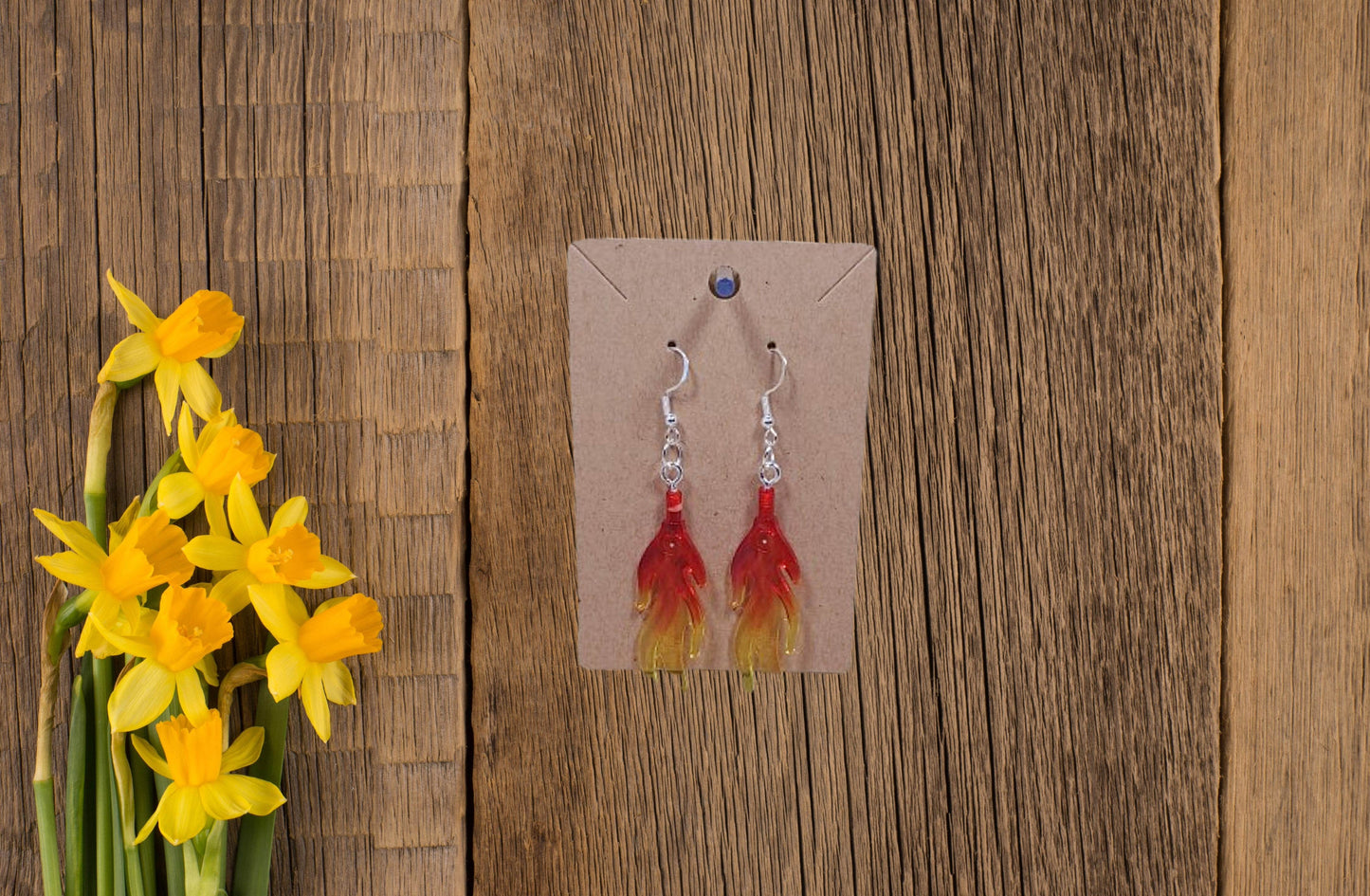 Lego® Red and Yellow Large Flame Dangling Silver Plated Hook Earrings - Vegas Custom Creations