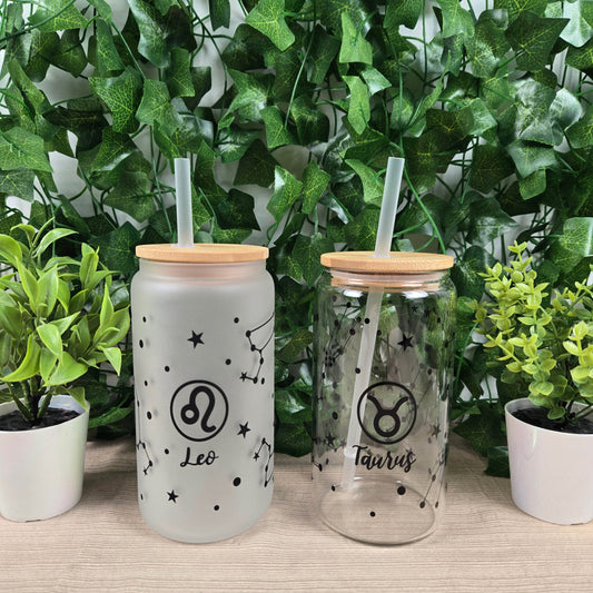 Zodiac Constellation 16oz Glass Jar Clear or Frosted (Multiple Designs Available) - Vegas Custom Creations