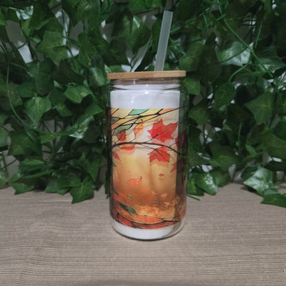 Stained Glass Fall 16oz Glass Jar Clear or Frosted (Multiple Designs Available) - Vegas Custom Creations
