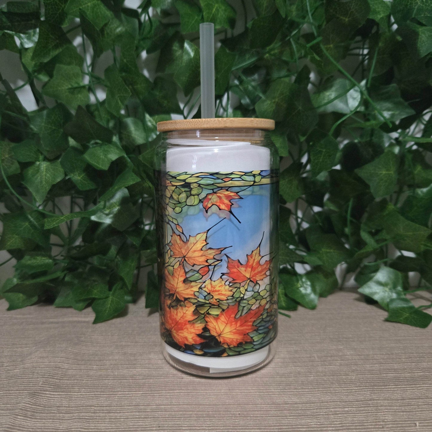 Stained Glass Fall 16oz Glass Jar Clear or Frosted (Multiple Designs Available) - Vegas Custom Creations