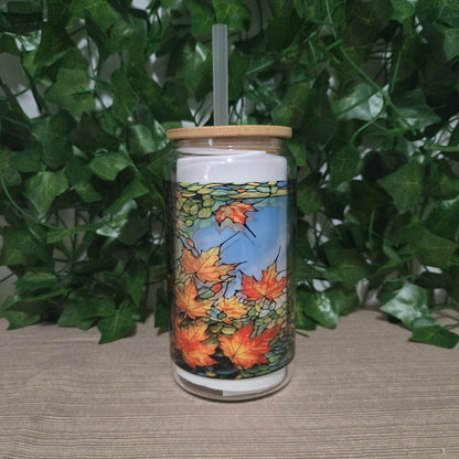 Stained Glass Fall 16oz Glass Jar Clear or Frosted (Multiple Designs Available) - Vegas Custom Creations