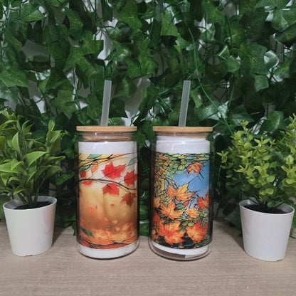 Stained Glass Fall 16oz Glass Jar Clear or Frosted (Multiple Designs Available) - Vegas Custom Creations
