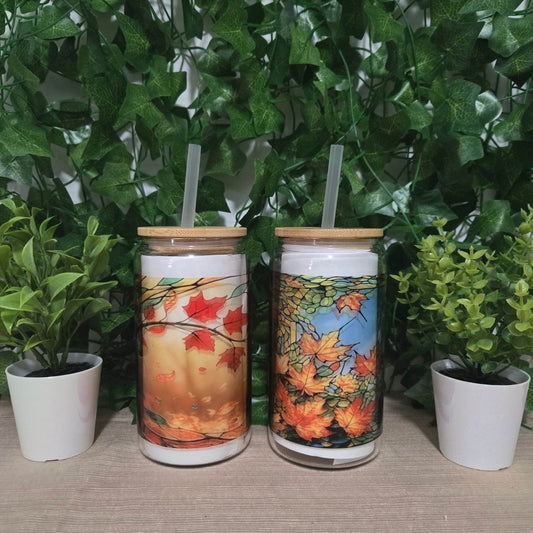 Stained Glass Fall 16oz Glass Jar Clear or Frosted (Multiple Designs Available) - Vegas Custom Creations