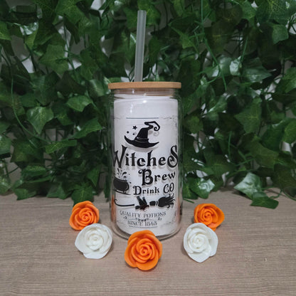 Witches Brew Drink Co. Halloween 16oz Glass Jar Clear or Frosted - Vegas Custom Creations