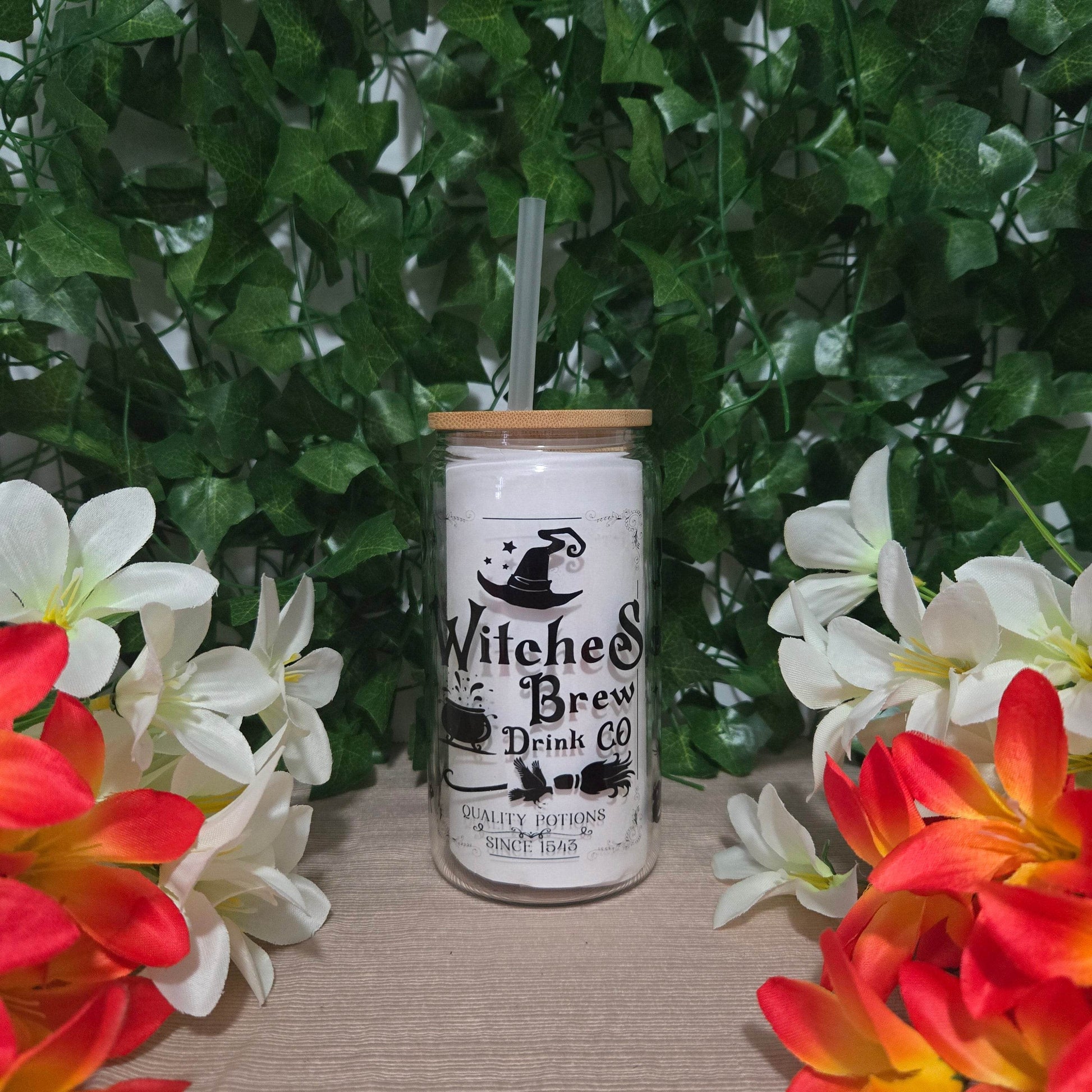 Witches Brew Drink Co. Halloween 16oz Glass Jar Clear or Frosted - Vegas Custom Creations